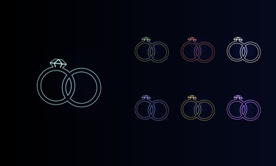 A set of neon wedding rings symbols. Set of different color symbols, faint neon glow. Vector illustration on black background