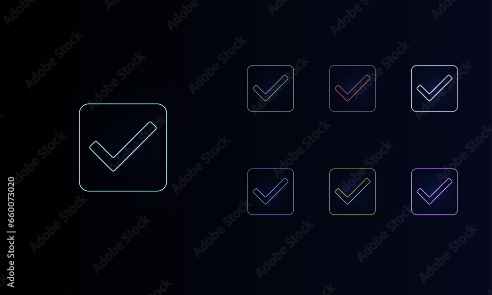 Poster a set of neon checkbox symbols. set of different color symbols, faint neon glow. vector illustration