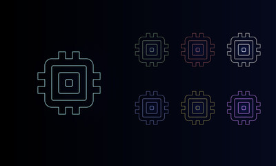 A set of neon chip symbols. Set of different color symbols, faint neon glow. Vector illustration on black background