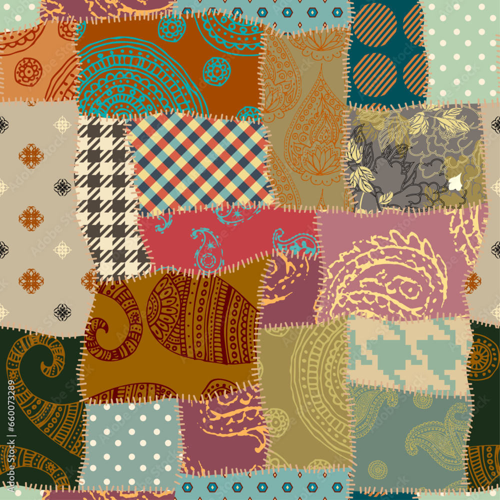 Poster Quilting design patchwork pattern with natural khaki colors. Vector pattern.