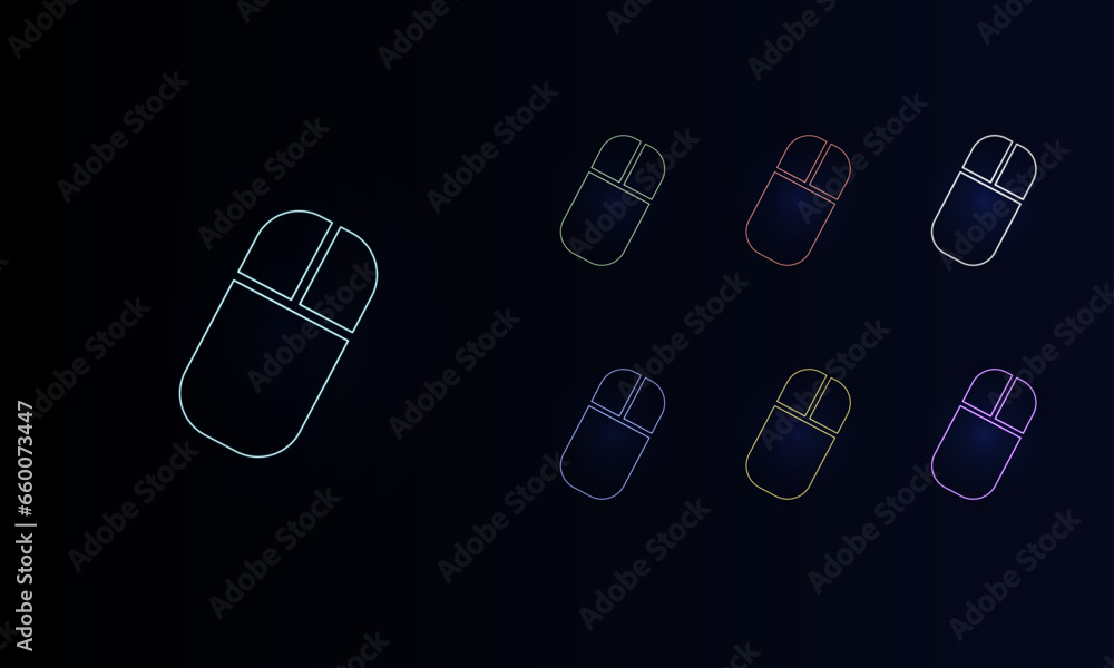 Poster a set of neon computer mouse symbols. set of different color symbols, faint neon glow. vector illust