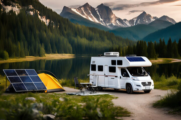 Solar panel charges RV battery enabling camping in nature. Camper van on the side lake mountains - obrazy, fototapety, plakaty