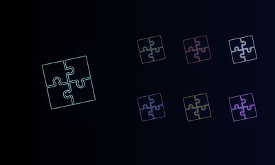 A set of neon puzzle symbols. Set of different color symbols, faint neon glow. Vector illustration on black background