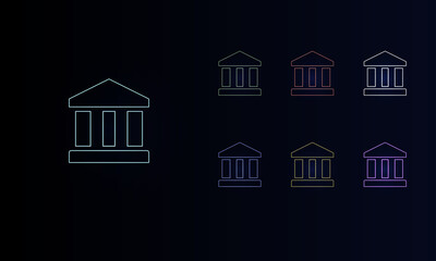 A set of neon bank symbols. Set of different color symbols, faint neon glow. Vector illustration on black background