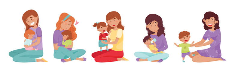 Young Woman Mom with Her Little Baby and Toddler Vector Set