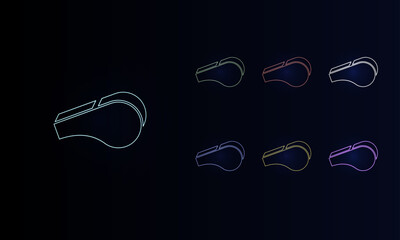 A set of neon sports whistle symbols. Set of different color symbols, faint neon glow. Vector illustration on black background