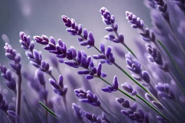 Create an AI-generated image of a close-up of a lavender sprig with two purple blooms and two narrow leaves - obrazy, fototapety, plakaty