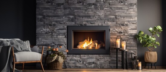 Obraz premium A brick fireplace with a vertical insert burner or furnace