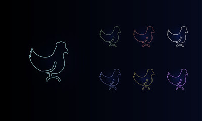 A set of neon chicken symbols. Set of different color symbols, faint neon glow. Vector illustration on black background