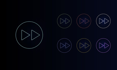 A set of neon fast forward symbols. Set of different color symbols, faint neon glow. Vector illustration on black background