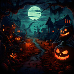 Horror scenery with zombies and pumpkins