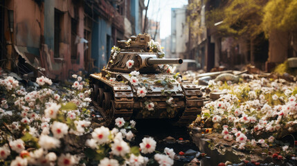 an armored tracked tank covered with flowers drives along a city street, anti-war action, no to war, military equipment, powerful weapons, armed conflict, army, spring blossoms, city