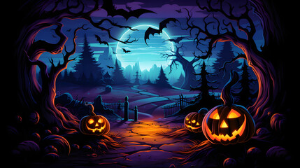 Fototapeta premium Horror scenery with zombies and pumpkins