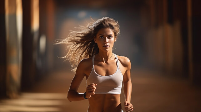 A full-length athlete girl runs down the street, the background is blurred.