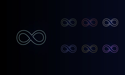 A set of neon infinity symbols. Set of different color symbols, faint neon glow. Vector illustration on black background