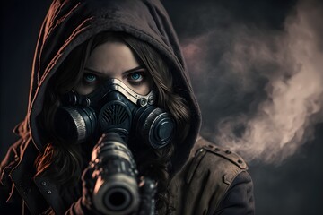 teen girl in a gas mask pointing a revolver cinematic lighting  - obrazy, fototapety, plakaty