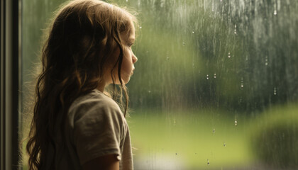 Sad child silhouette, rain, deep thoughts, loneliness, longing, fear. Palpable sadness generative ai - obrazy, fototapety, plakaty