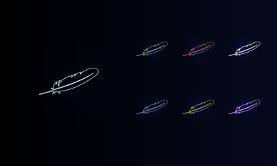 Fototapeta premium A set of neon feather symbols. Set of different color symbols, faint neon glow. Vector illustration on black background