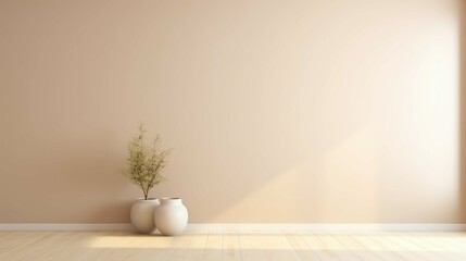 Empty room interior background beige wall pot
