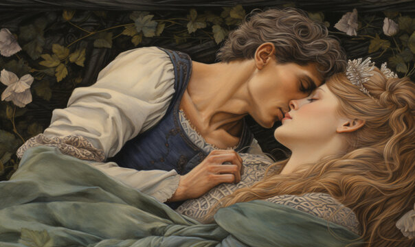 Passionate romantic embrace depicted in oil paint style circa Renaissance era