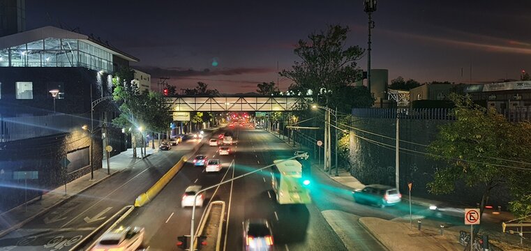 Dark, sunrise, av. Universidad, traffic, light, bridge at cdmx, unam