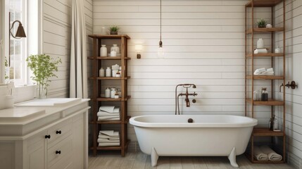 Fototapeta na wymiar White bathroom with large window, bathtub, washbasin, mirror and ceramic tiles on the walls