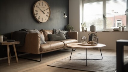 Living room decor, home interior design . Scandinavian Industrial style with Large Window decorated with Light Wood and Concrete material . Generative AI AIG26.