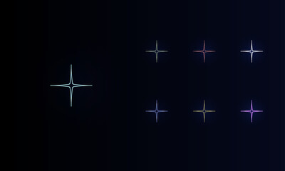 A set of neon abstract star symbols. Set of different color symbols, faint neon glow. Vector illustration on black background