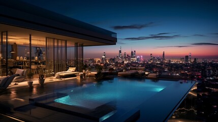 A sleek penthouse atop a skyscraper, a rooftop pool reflecting the city lights below. - obrazy, fototapety, plakaty