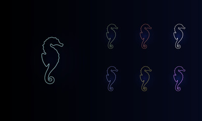 A set of neon sea horse symbols. Set of different color symbols, faint neon glow. Vector illustration on black background