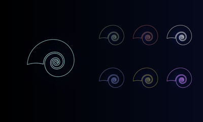 A set of neon marine nautilus symbols. Set of different color symbols, faint neon glow. Vector illustration on black background