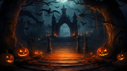 Horror scenery with zombies and pumpkins