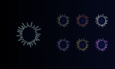A set of neon sea urchin symbols. Set of different color symbols, faint neon glow. Vector illustration on black background
