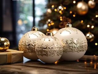 Edle Weihnachtskugeln liegen auf einem Tisch mit einem Geschenk. Im Hintergrund steht ein beleuchteter Weihnachtsbaum
