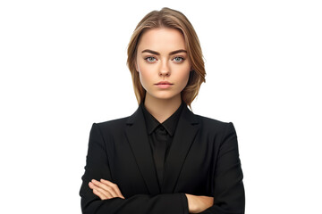 Fototapeta premium cute business woman in black suit and cross arms on transparent background.generative ai