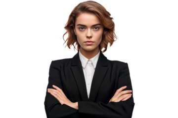 cute business woman in black suit and cross arms on transparent background.generative ai