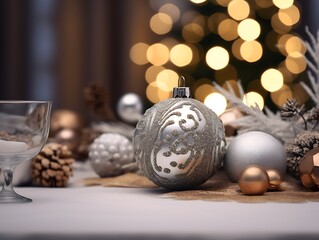 Silberne Weihnachtskugeln mit Tannenzapfen und weihnachtlicher Dekoration schmücken einen Tisch. Weihnachtsbaum im Bokeh.