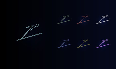Fototapeta na wymiar A set of neon Ski jumping symbols. Set of different color symbols, faint neon glow. Vector illustration on black background