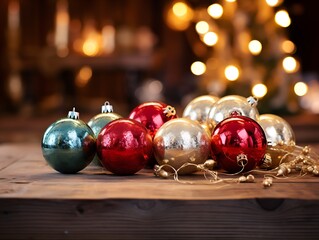 Bunte Weihnachtskugeln liegen auf einer Holzoberfläche mit Dekoration. Ein Weihnachtsbaum steht im Hintergrund mit Bokeh - obrazy, fototapety, plakaty