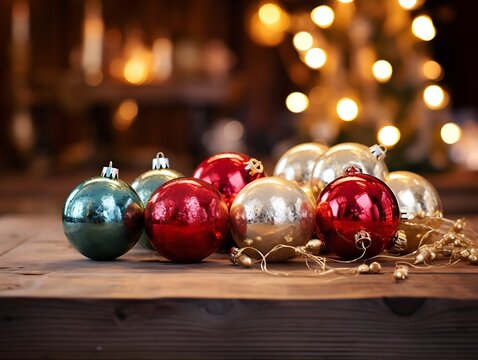 Bunte Weihnachtskugeln liegen auf einer Holzoberfl&auml;che mit Dekoration. Ein Weihnachtsbaum steht im Hintergrund mit Bokeh