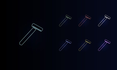 A set of neon mens razor symbols. Set of different color symbols, faint neon glow. Vector illustration on black background
