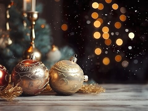 Goldene Weihnachtskugeln liegen auf einer Holzoberfl&auml;che. Ein Kerzenl&auml;uchter und ein Weihnachtsbaum stehen im Hintergrund mit Bokeh