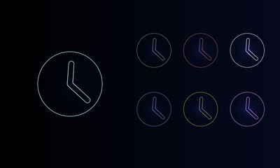 A set of neon time symbols. Set of different color symbols, faint neon glow. Vector illustration on black background