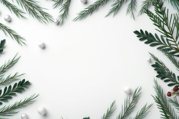 Christmas ornaments and evergreen branches on a white background
