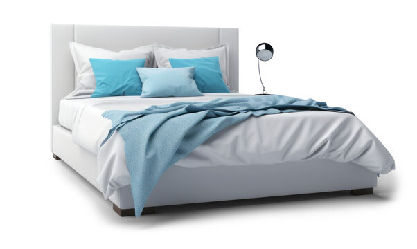 White bed with soft blue pillows, png file of isolated cutout object on transparent background with shadow