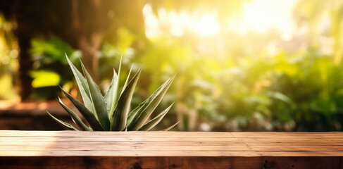 Empty rustic wooden boards table empty copy space with agave plants in desert landscape background. Product display template. Generative AI