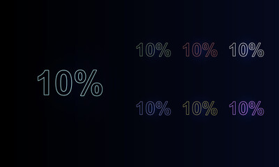 A set of neon 10 percent symbols. Set of different color symbols, faint neon glow. Vector illustration on black background