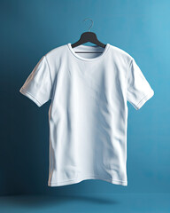 A clean and minimalistic white t-shirt mockup isolated on a blue background