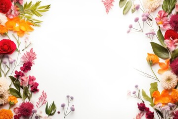 Colorful flowers and leaves on a white background