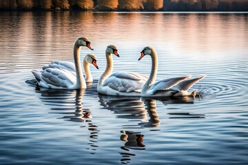 Mute Swans Gracefully Gliding on a Calm Lake, Gliding